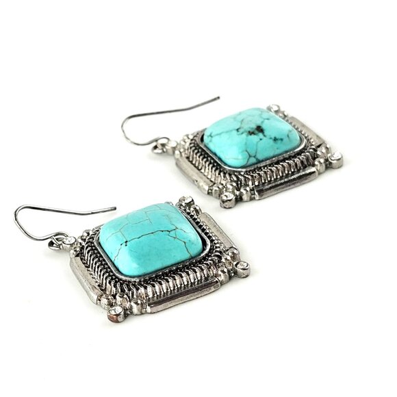 Faux Turquoise Silver Tone Drop Earrings Square Western Boho Statement - Picture 3 of 5